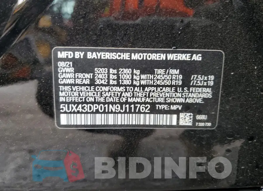 5UX43DP01N9J11762 Photo# 12