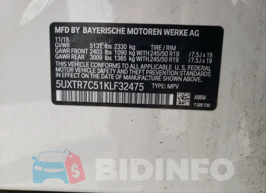 5UXTR7C51KLF32475 Photo# 13
