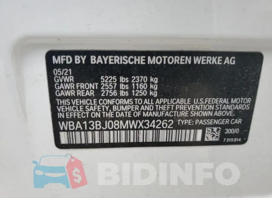 WBA13BJ08MWX34262 Photo# 13