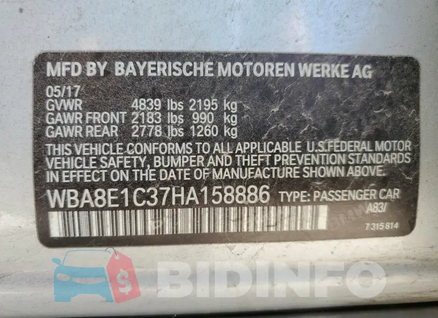 WBA8E1C37HA158886 Photo# 12