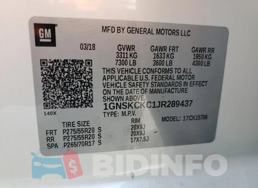 1GNSKCKC1JR289437 Photo# 13
