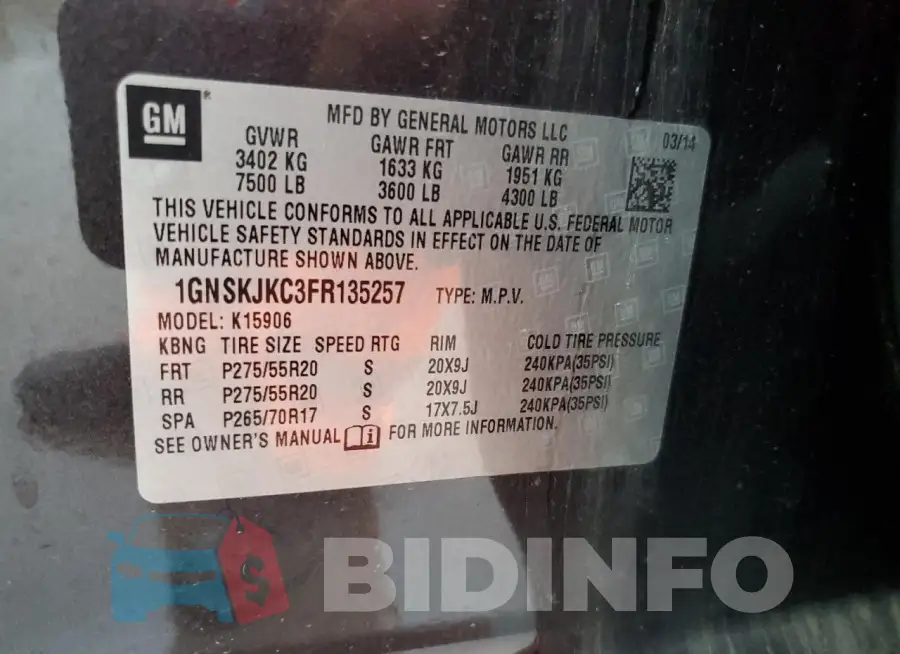 1GNSKJKC3FR135257 Photo# 13