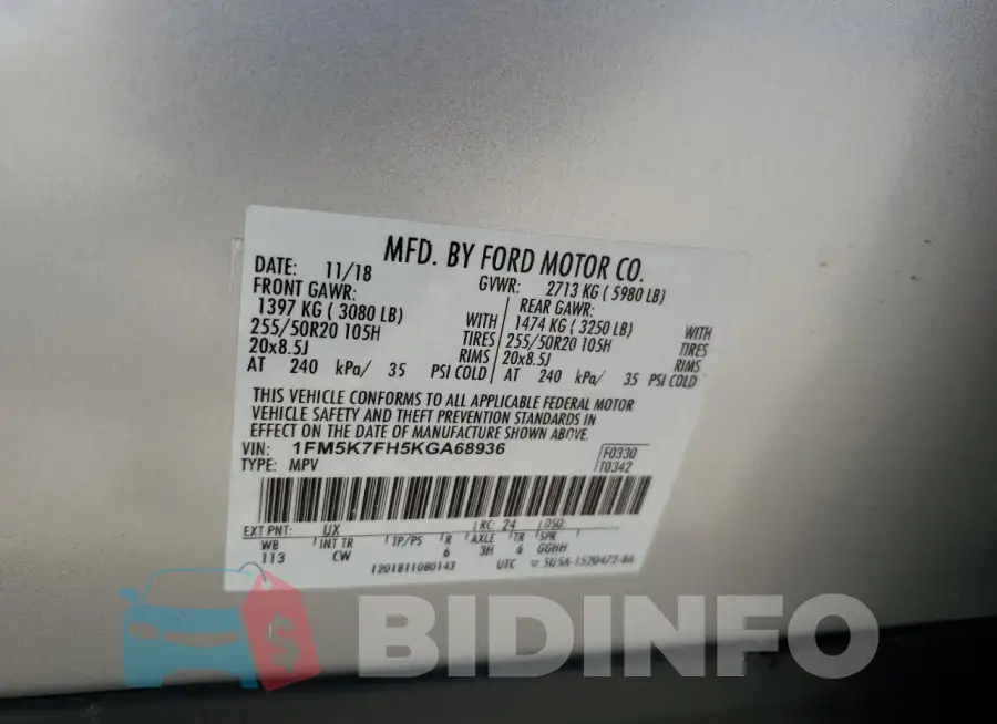 1FM5K7FH5KGA68936 Photo# 13