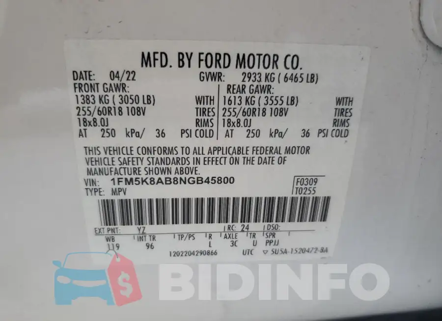 1FM5K8AB8NGB45800 Photo# 12