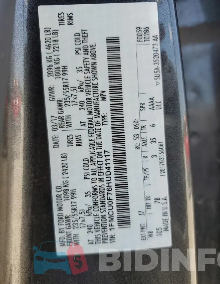 1FMCU0F76HUD41117 Photo# 13