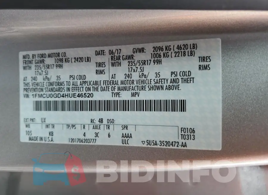 1FMCU0GD4HUE46520 Photo# 12