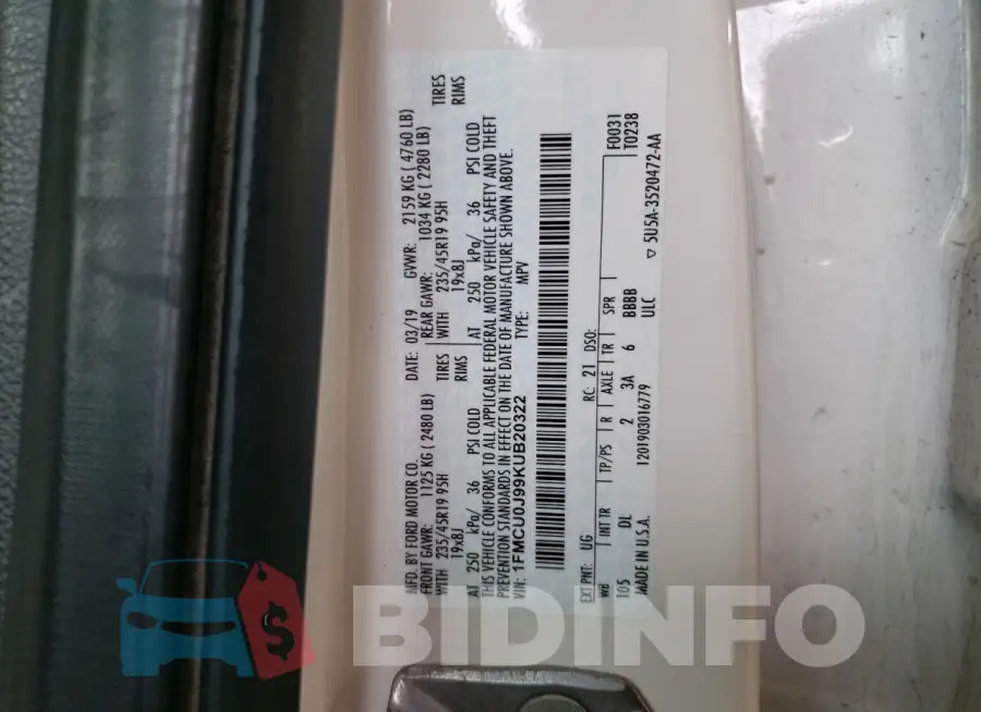 1FMCU0J99KUB20322 Photo# 12