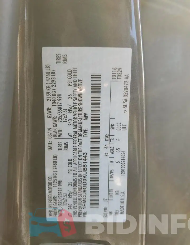 1FMCU9GD0KUB51443 Photo# 13