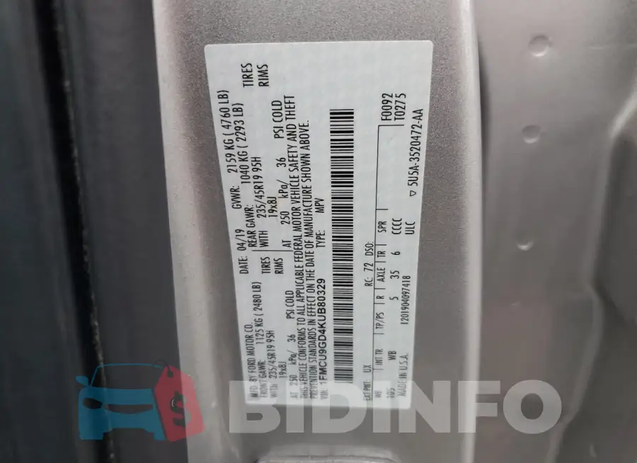 1FMCU9GD4KUB80329 Photo# 12