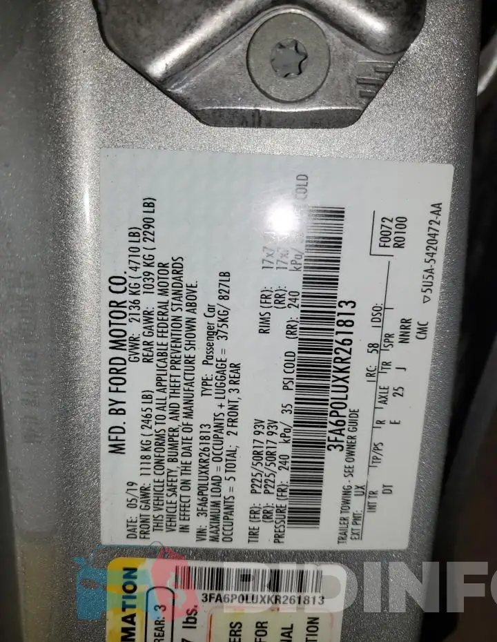 3FA6P0LUXKR261813 Photo# 12
