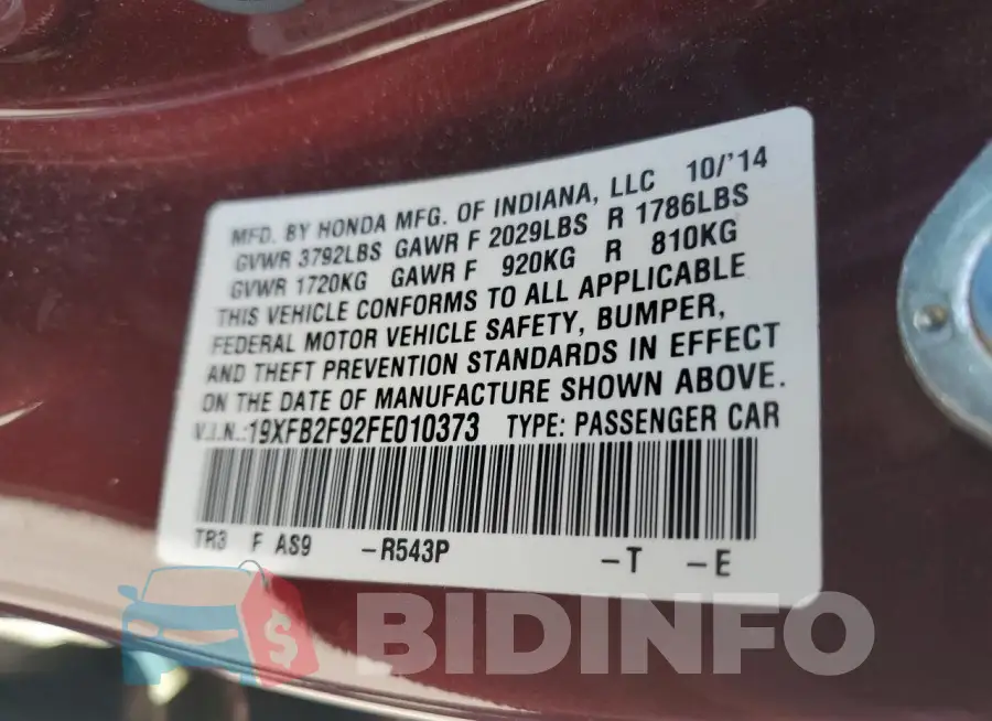 19XFB2F92FE010373 Photo# 12