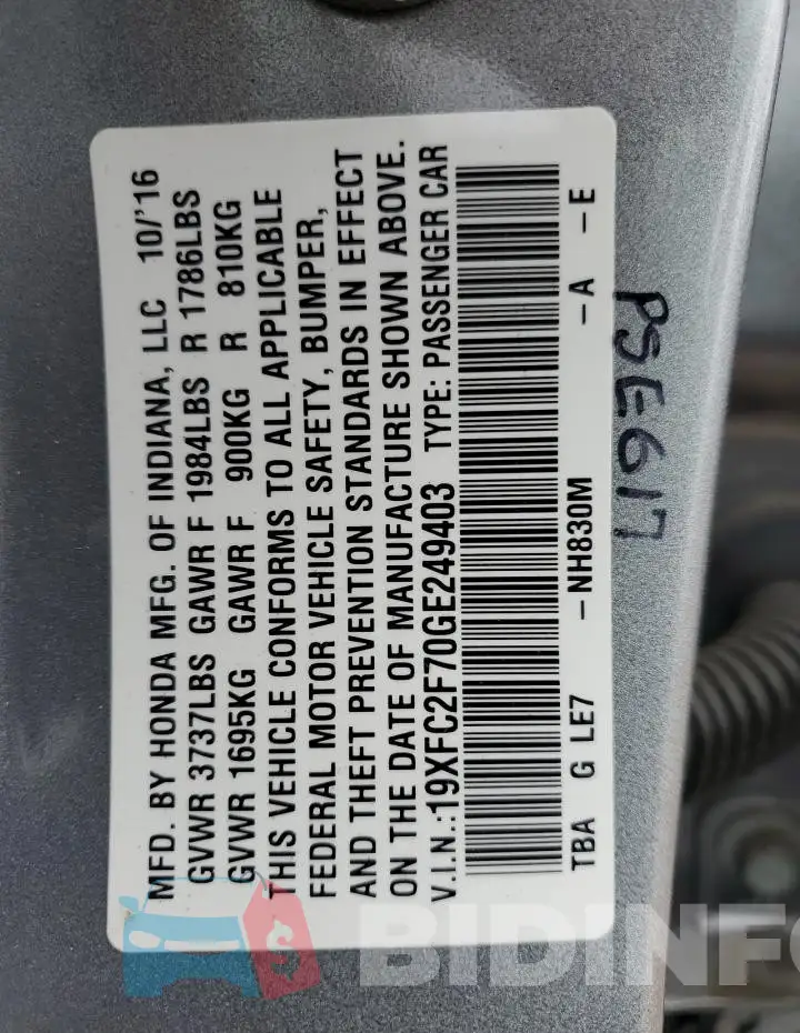 19XFC2F70GE249403 Photo# 12