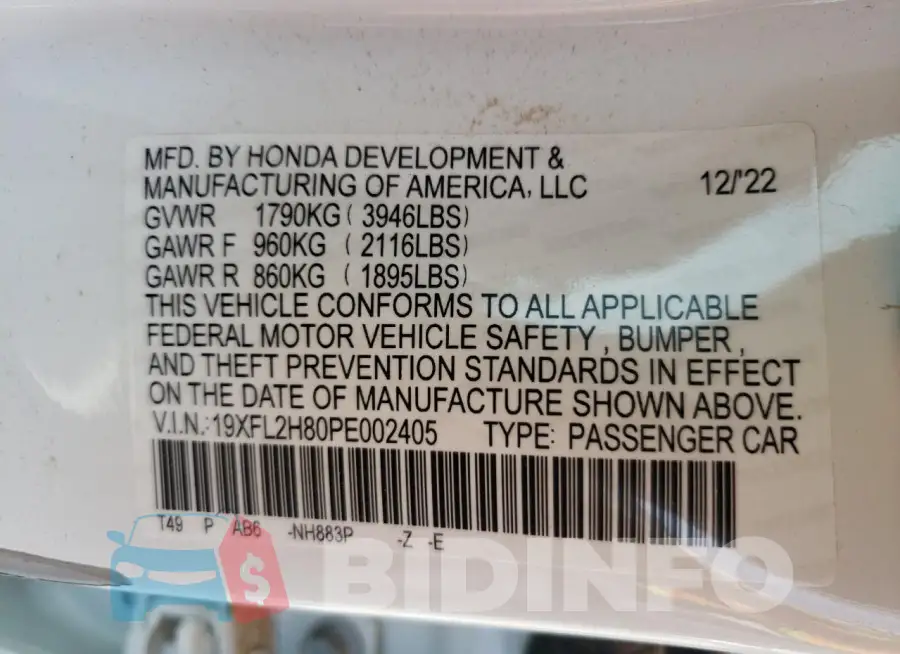 19XFL2H80PE002405 Photo# 12