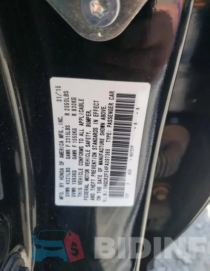 1HGCR2F54FA097385 Photo# 12