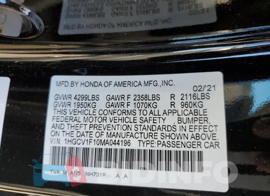 1HGCV1F10MA044196 Photo# 12