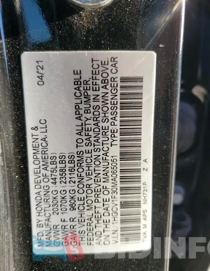 1HGCV1F30MA065051 Photo# 12