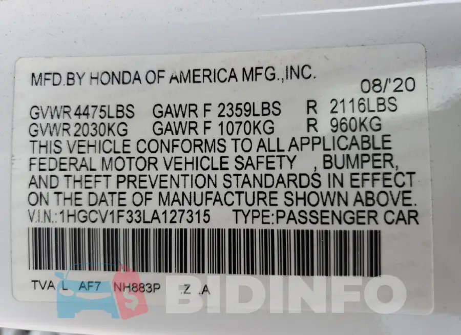 1HGCV1F33LA127315 Photo# 13