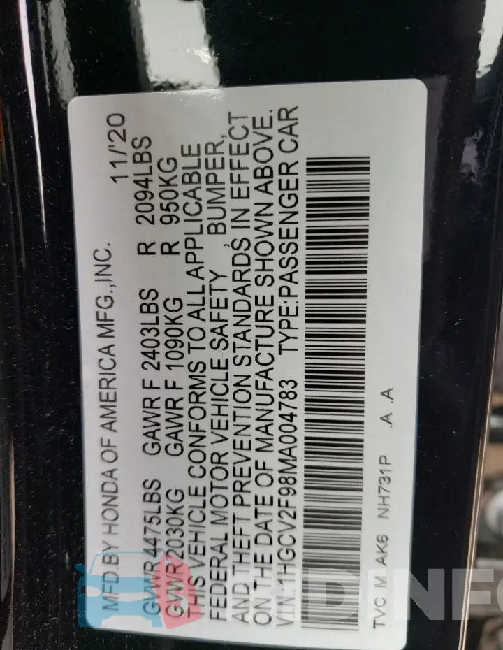 1HGCV2F98MA004783 Photo# 12