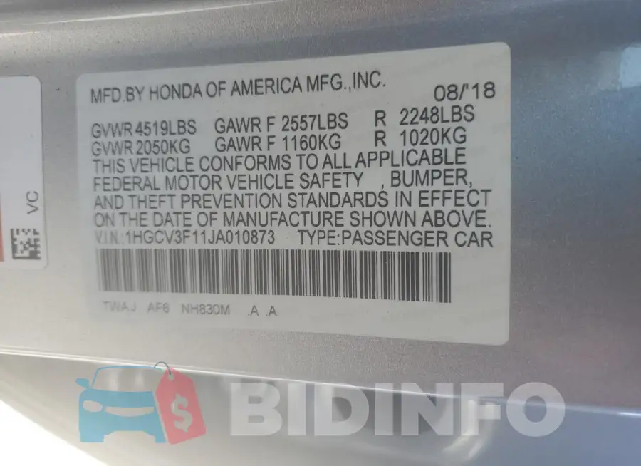 1HGCV3F11JA010873 Photo# 13