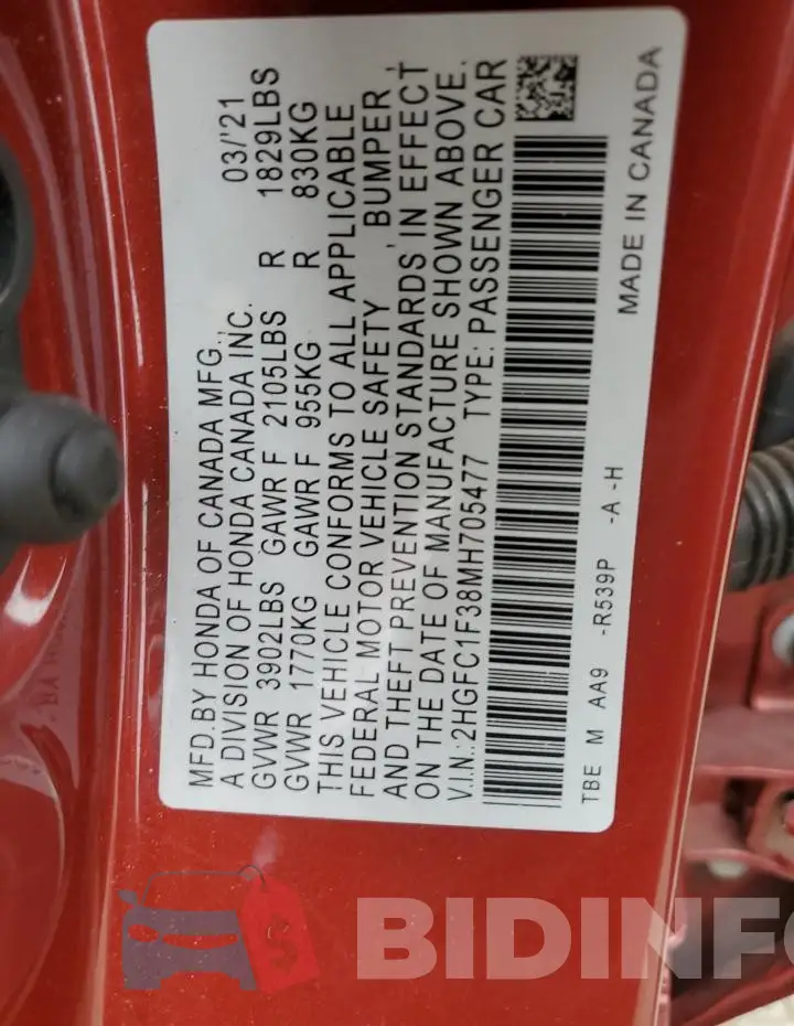 2HGFC1F38MH705477 Photo# 12