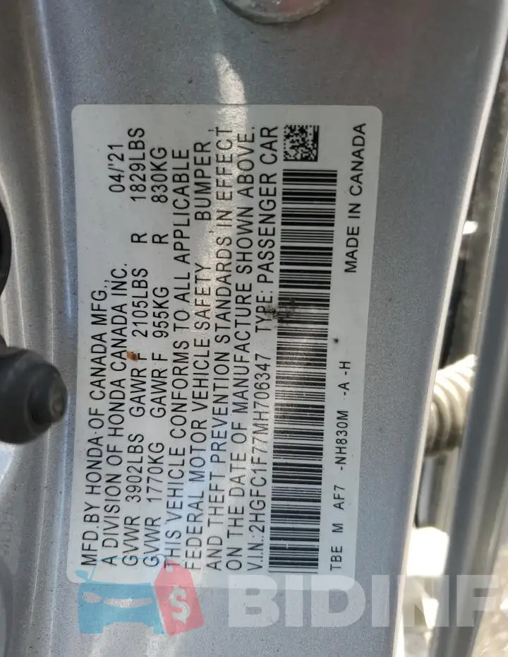 2HGFC1F77MH706347 Photo# 12