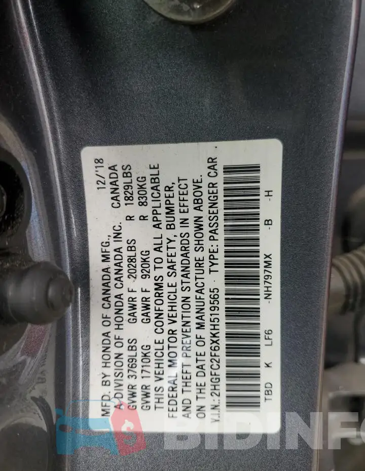 2HGFC2F6XKH519565 Photo# 12