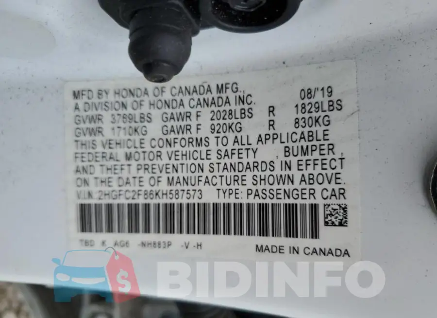 2HGFC2F86KH587573 Photo# 12