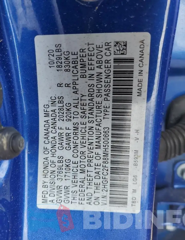 2HGFC2F88MH500663 Photo# 12