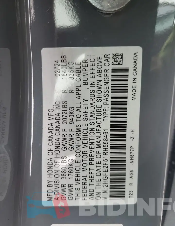 2HGFE2F51RH558461 Photo# 13