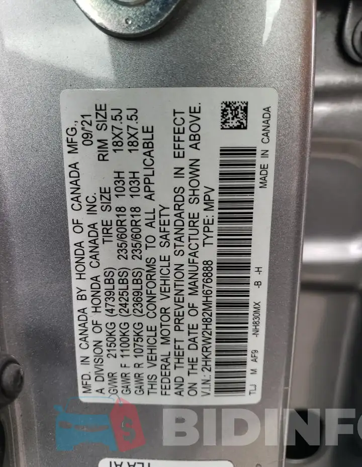 2HKRW2H82MH676888 Photo# 13