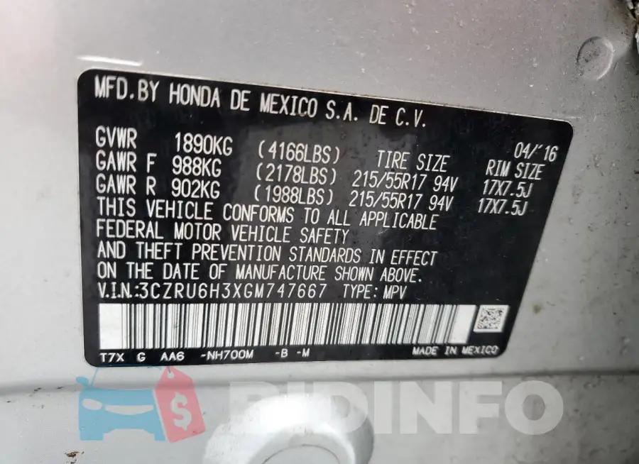 3CZRU6H3XGM747667 Photo# 13