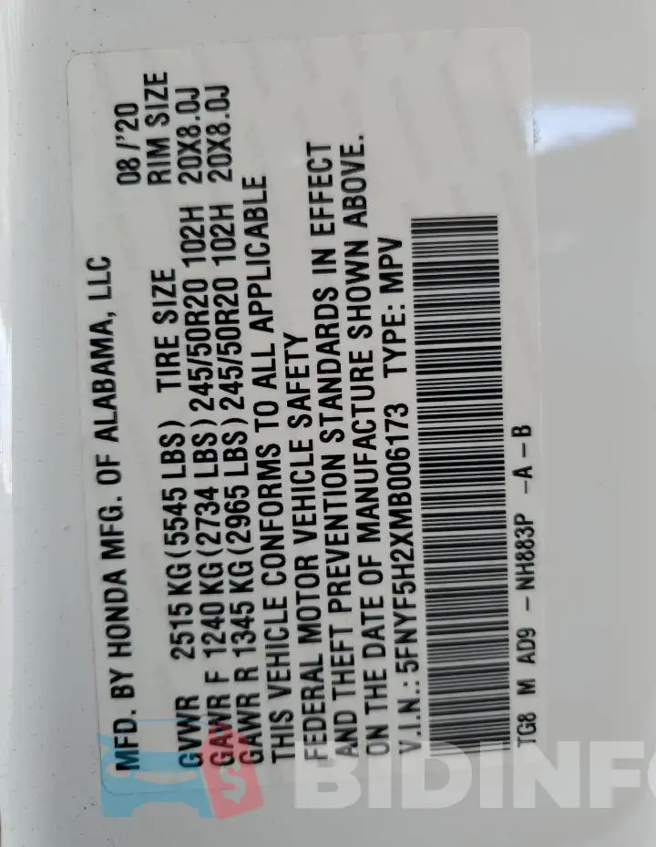 5FNYF5H2XMB006173 Photo# 13