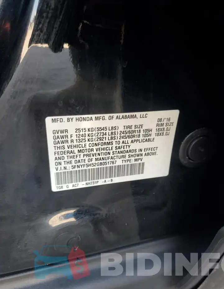 5FNYF5H52GB051767 Photo# 13