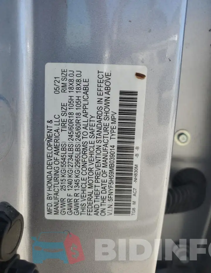 5FNYF5H59MB039014 Photo# 14