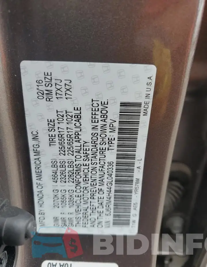 5J6RM4H44GL040336 Photo# 14