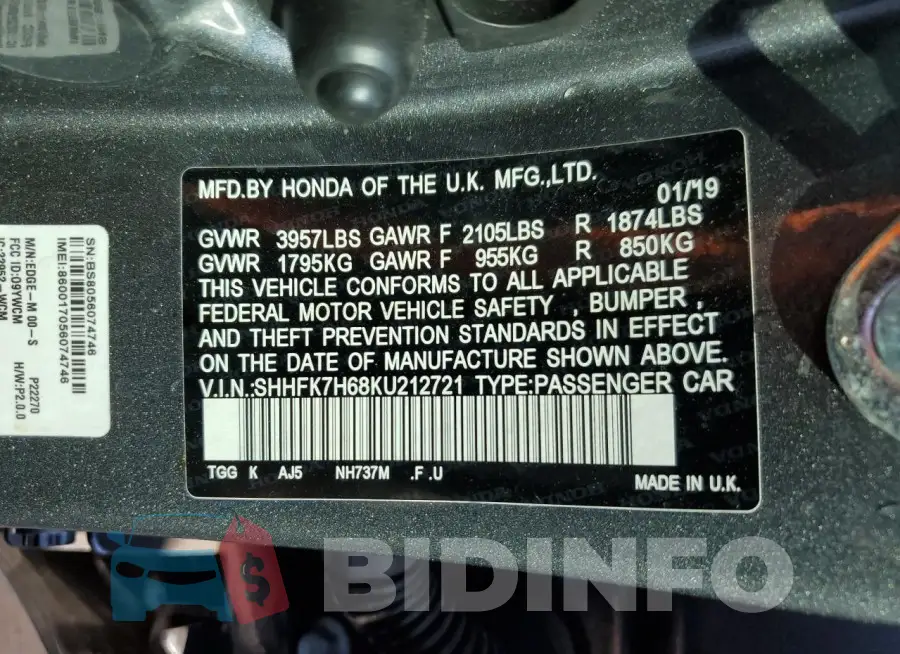 SHHFK7H68KU212721 Photo# 13