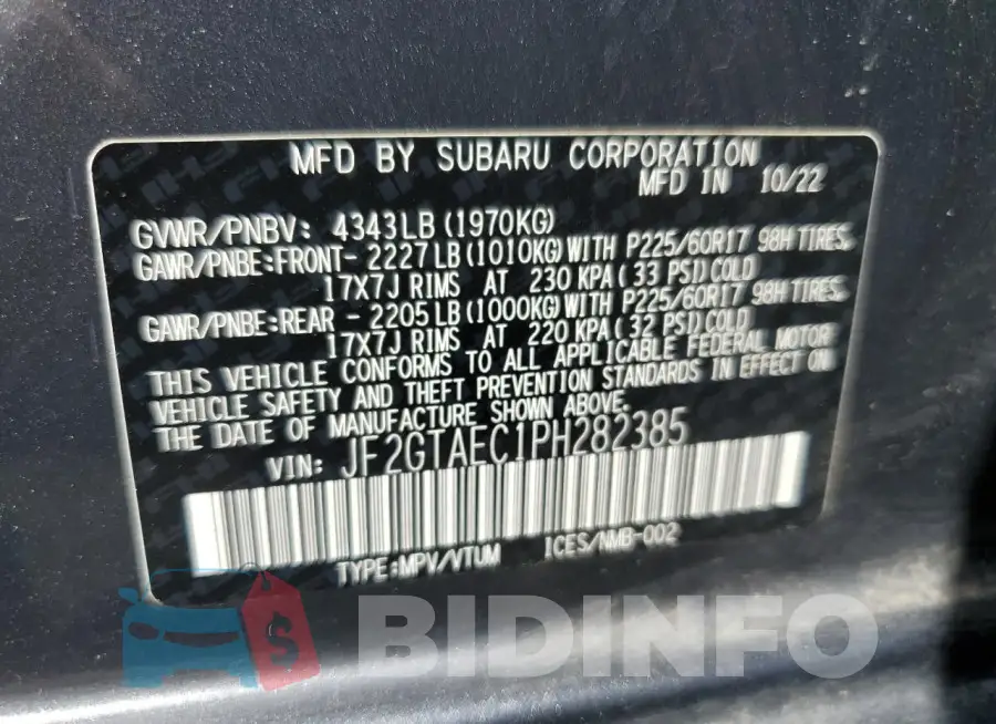JF2GTAEC1PH282385 Photo# 13