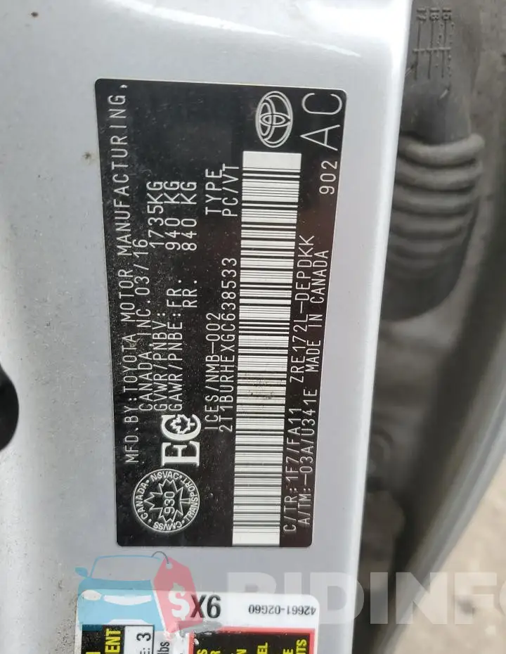 2T1BURHEXGC638533 Photo# 13