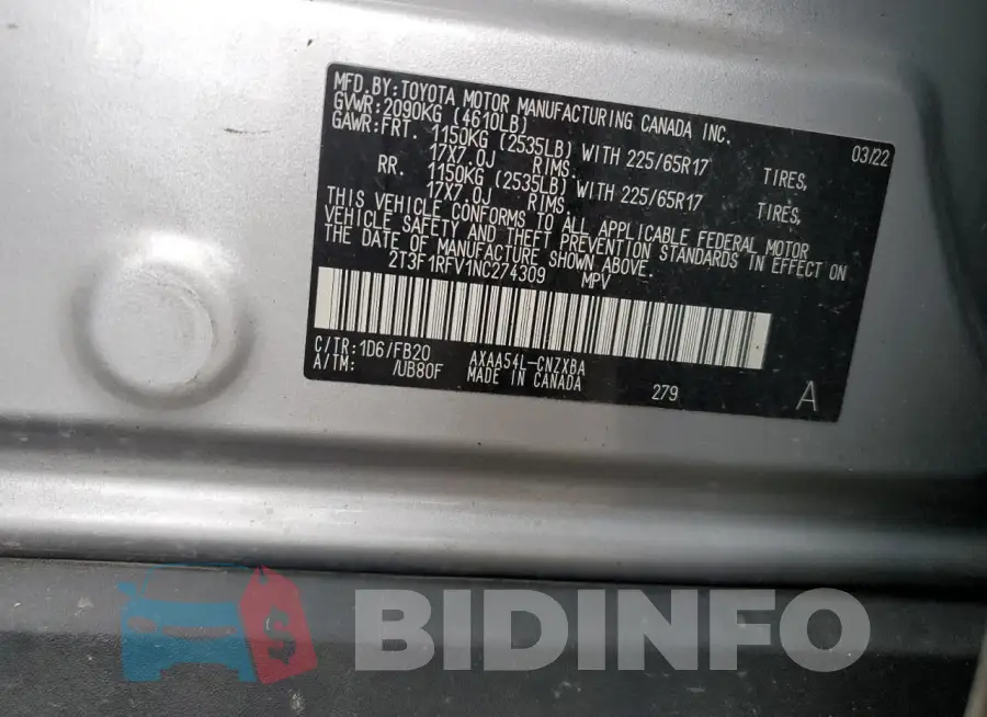 2T3F1RFV1NC274309 Photo# 12