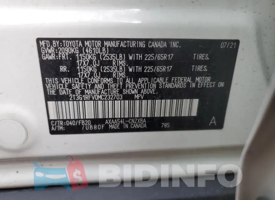 2T3G1RFV0MC232703 Photo# 12