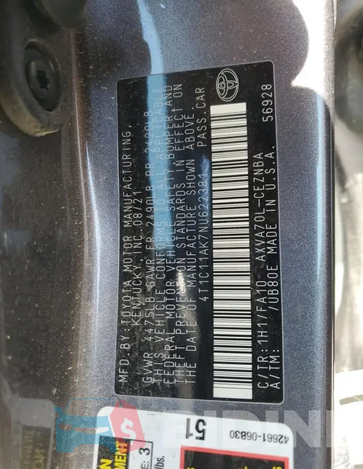 4T1C11AK7NU622381 Photo# 12