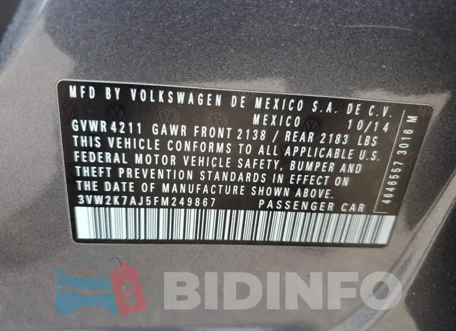 3VW2K7AJ5FM249867 Photo# 12