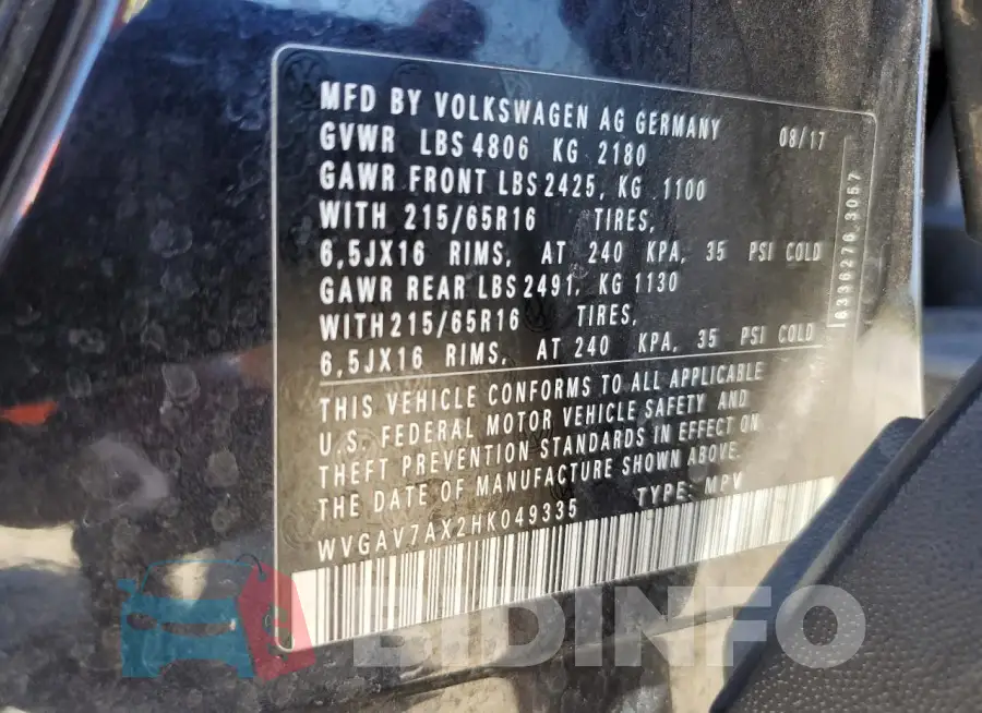 WVGAV7AX2HK049335 Photo# 13