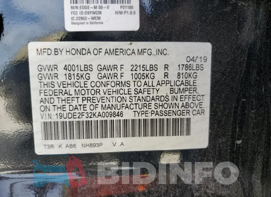 19UDE2F32KA009846 Photo# 13