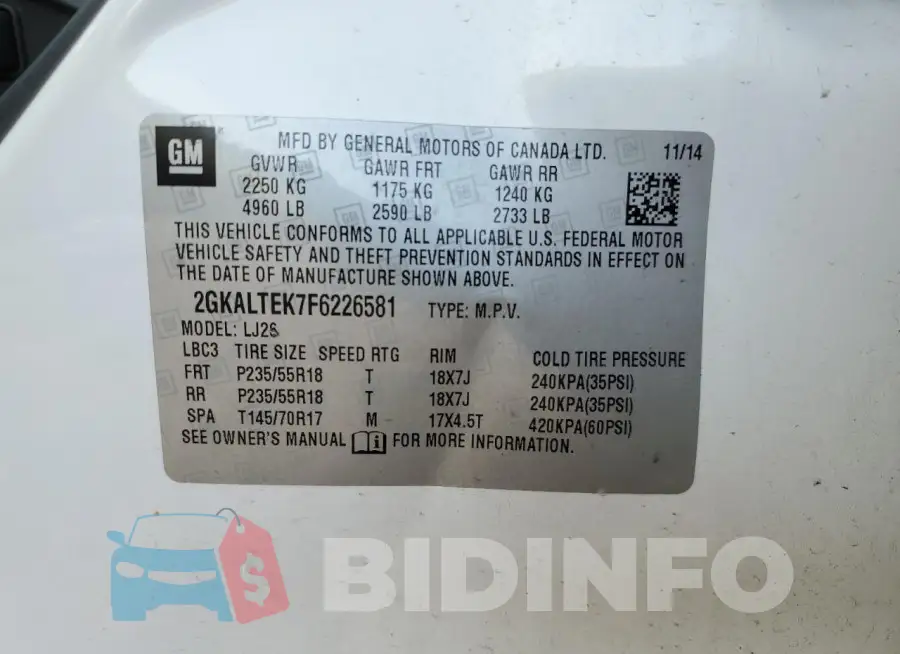 2GKALTEK7F6226581 Photo# 14