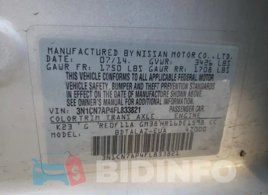 3N1CN7AP4FL833821 Photo# 13