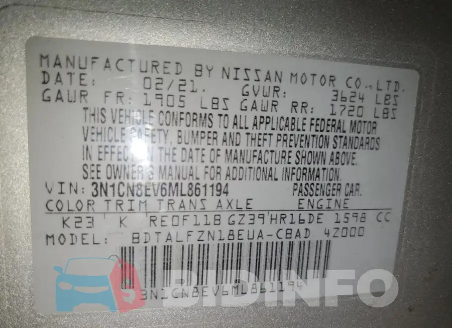 3N1CN8EV6ML861194 Photo# 12