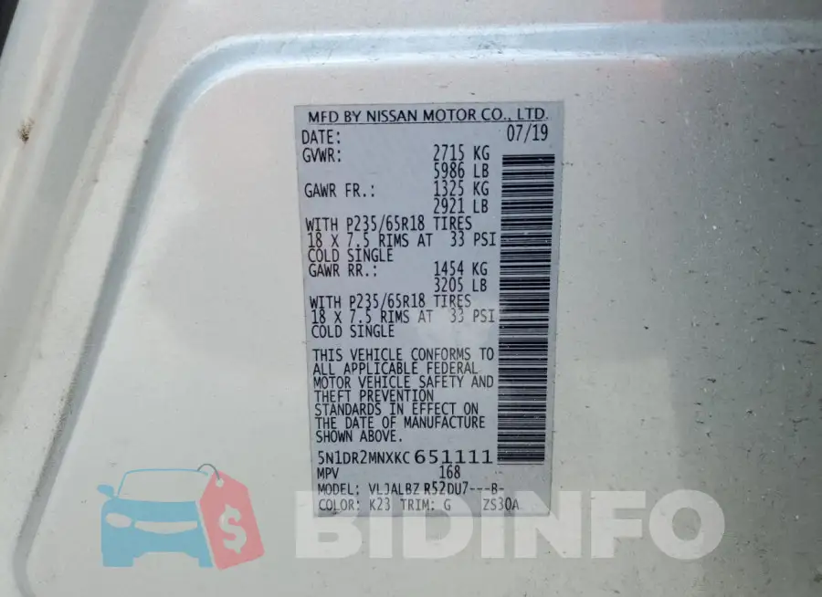 5N1DR2MNXKC651111 Photo# 13