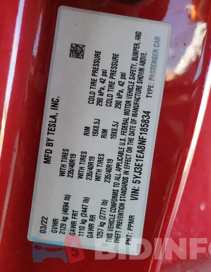 5YJ3E1EA8NF185834 Photo# 13