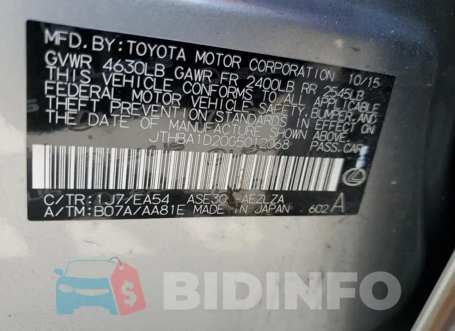 JTHBA1D20G5012068 Photo# 12